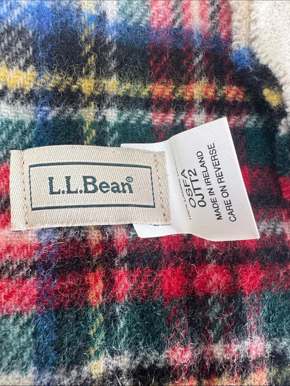 L.L. Bean Cream Red Blue Tartan Scarf